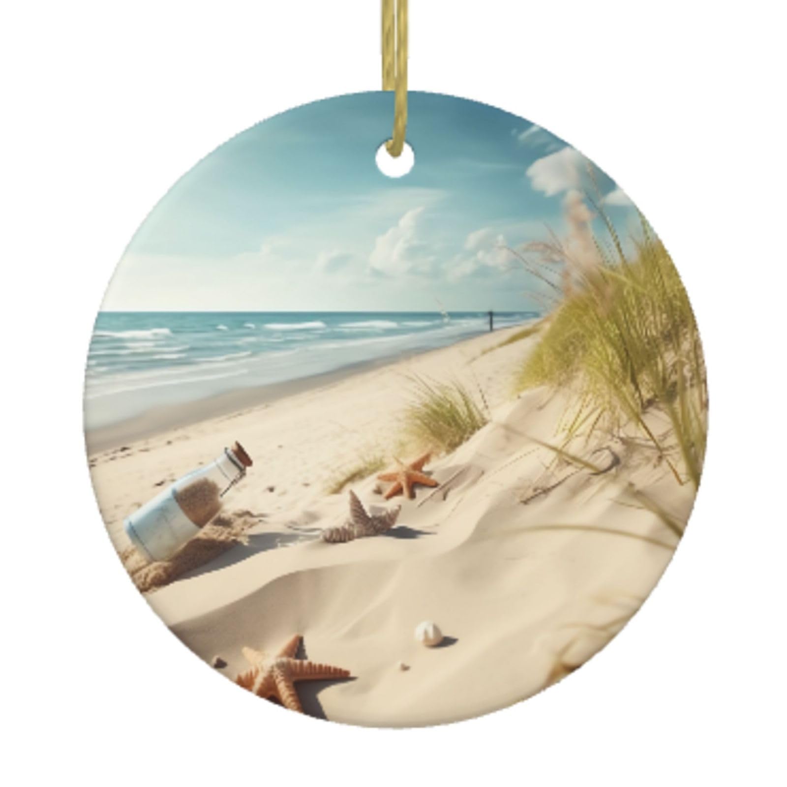 Ceramic Christmas Tree Hanging Ornaments with Gold Ropes Christmas Tree Decorations Round Ceramic Beach Seaside Pendant Keepsake Decorations for Holiday Xmas Gift Ideas