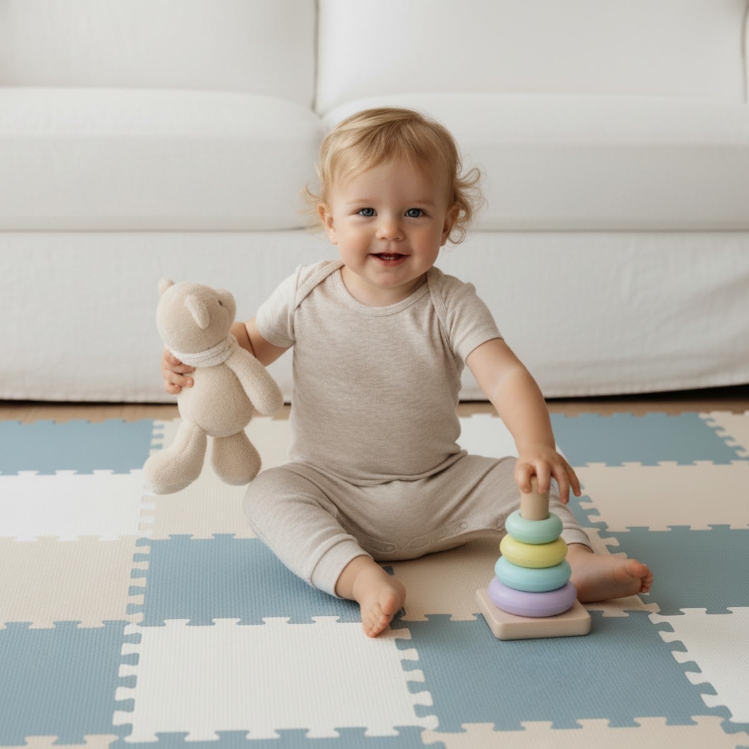 LittleTom 27 Pièces Tapis de Sol Bébé dès Le Premier Mois - 30x30 cm Dalles en Mousse EVA - Surface de Jeu Douce pour l'Éveil - Carrés Puzzle Antidérapants - Revêtement pour la Chambre des Petits
