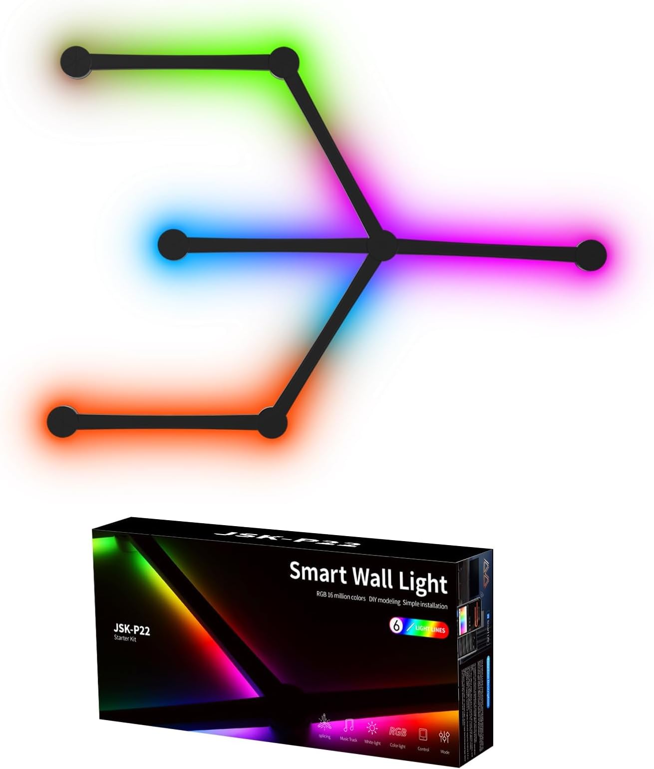 RGB Wall Light, Backlit Modular Wi-Fi Colour Changing Home Decor Lights, LED DIY Geometry Splicing Gaming Lights Work with Alexa and Google Assistant for Game Room, Bedroom (6 Lines, Black)
