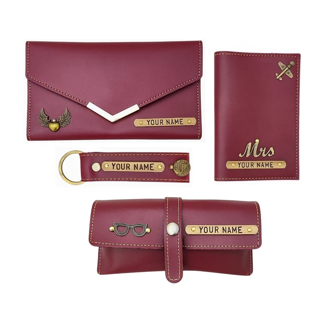 PU Leather Customized/Personalised All in One Women's Wallet Combo Gift/Leather Wallet, Key Chain, Passport Cover and Eyewear Case - Pack of 4 (Maroon)-image-7