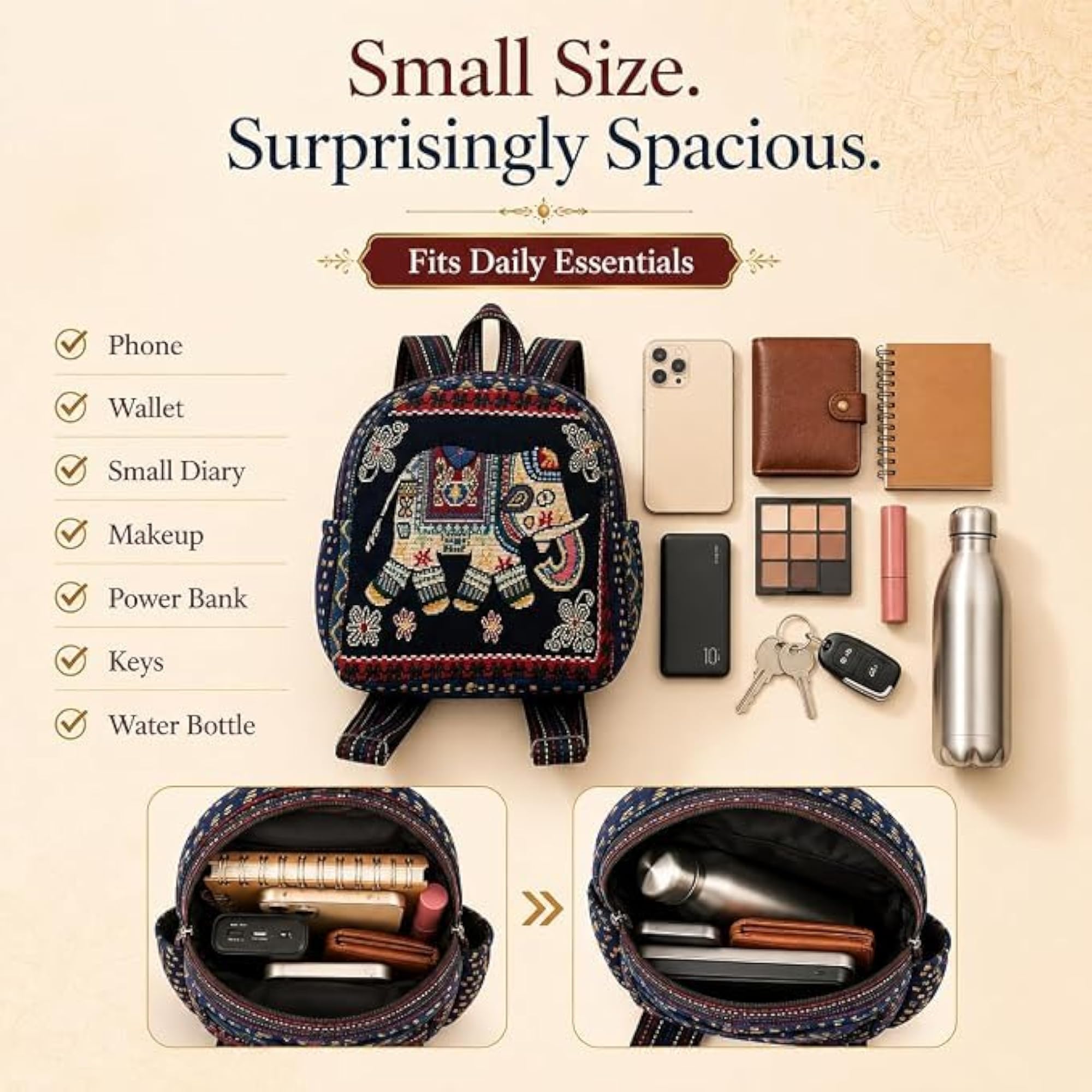 Ethnic Embroidered Backpack for Women, Elephant Design