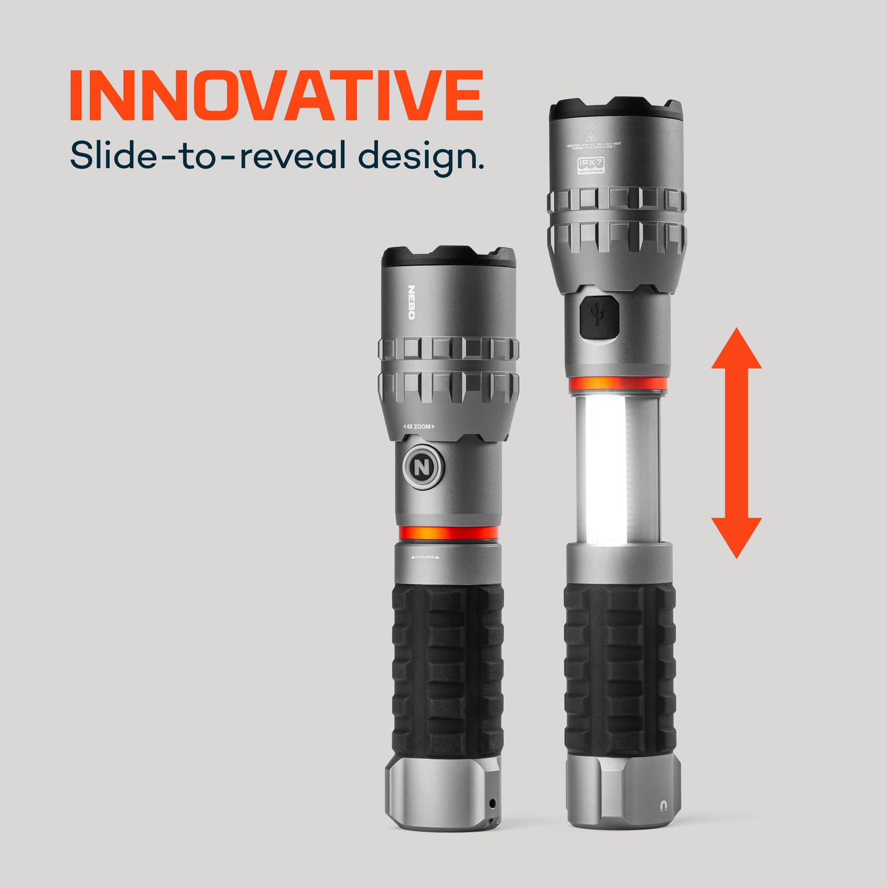 NEBO Slyde King 4K Linterna y Luz de Trabajo – 4.000 Lm + COB 1.000 Lm | 7 Modos | Slide-to-Reveal Patentado | Zoom 4x | Rojo Emergencia | Base Magnética | IPX7 | USB-C