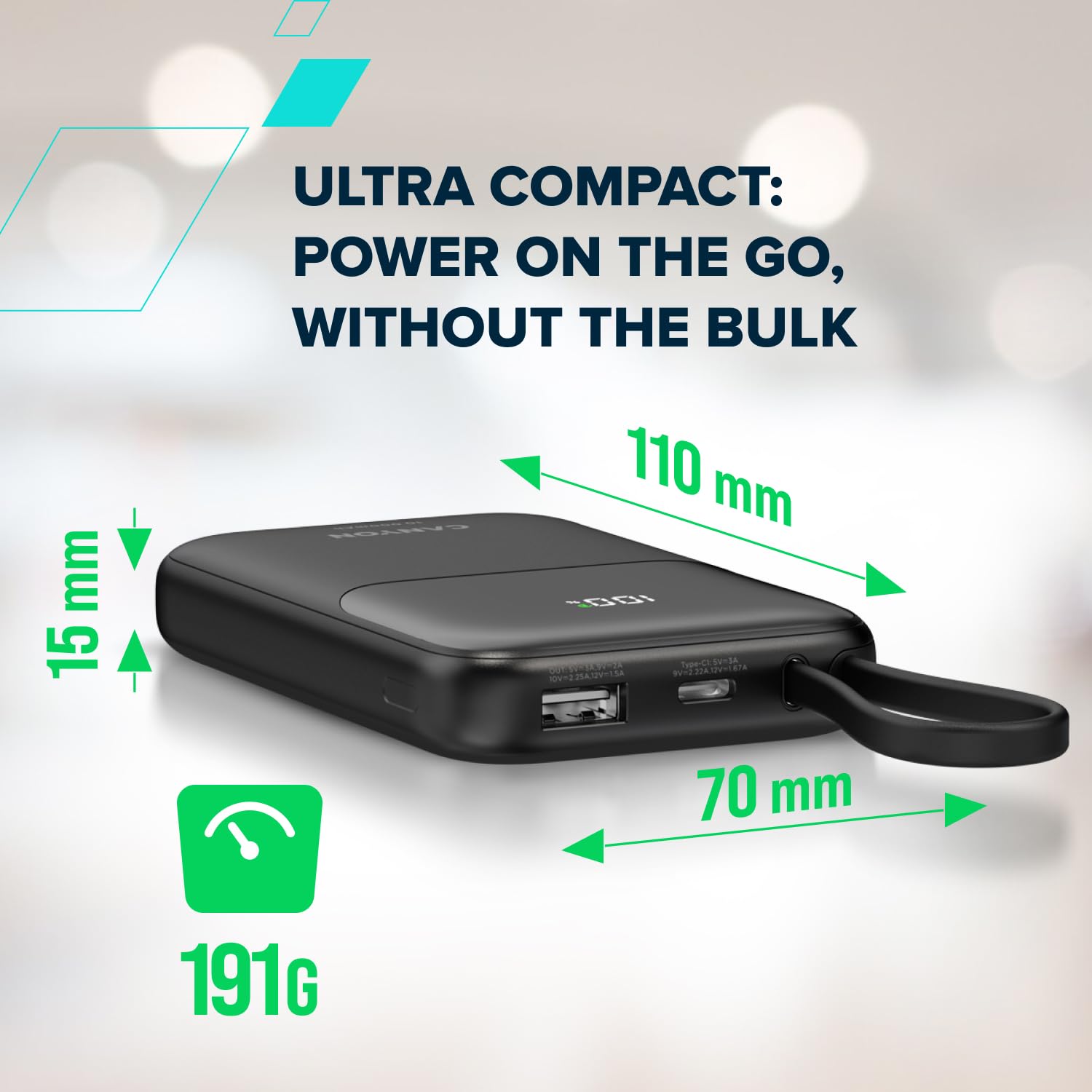 CANYON OnPower 101 - Batteria esterna da 10000 mAh con cavo USB-C integrato, PD 22,5 W e ricarica rapida QC 3.0, display digitale, batteria portatile sottile, viola