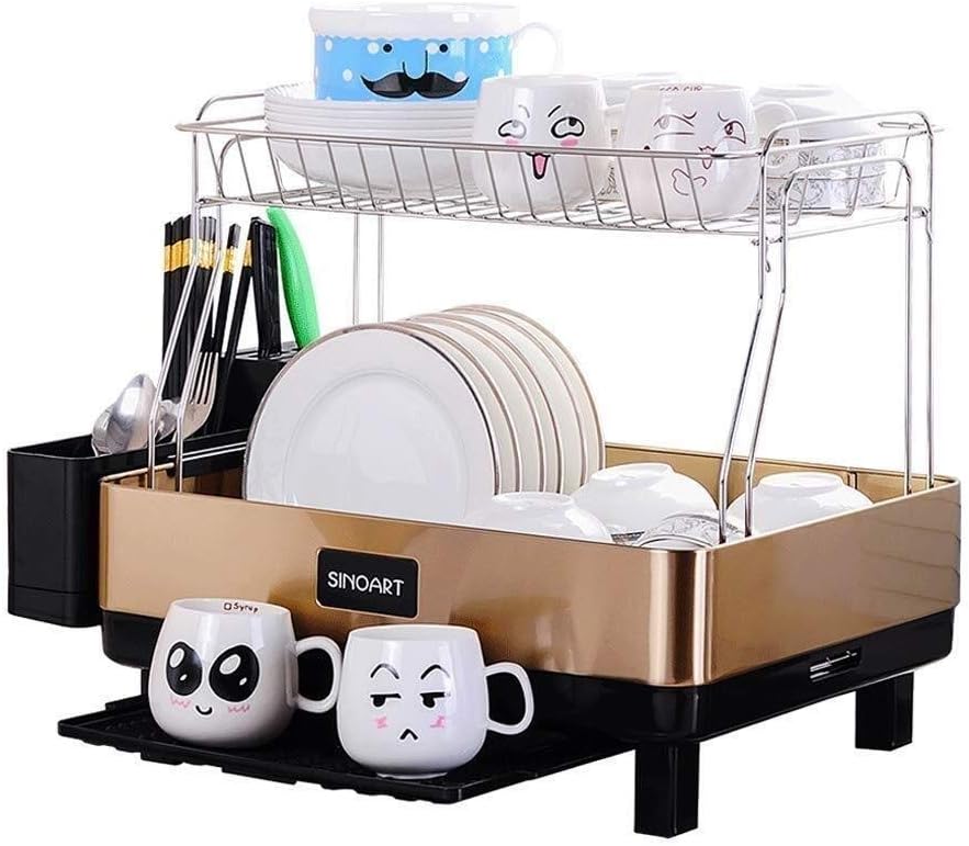 Drain Rack Kitchen Dish Drainer Simple Kitchen Compact Steel Frame Dish Rack with Swivel -Proof Stainless, Grey Plastic