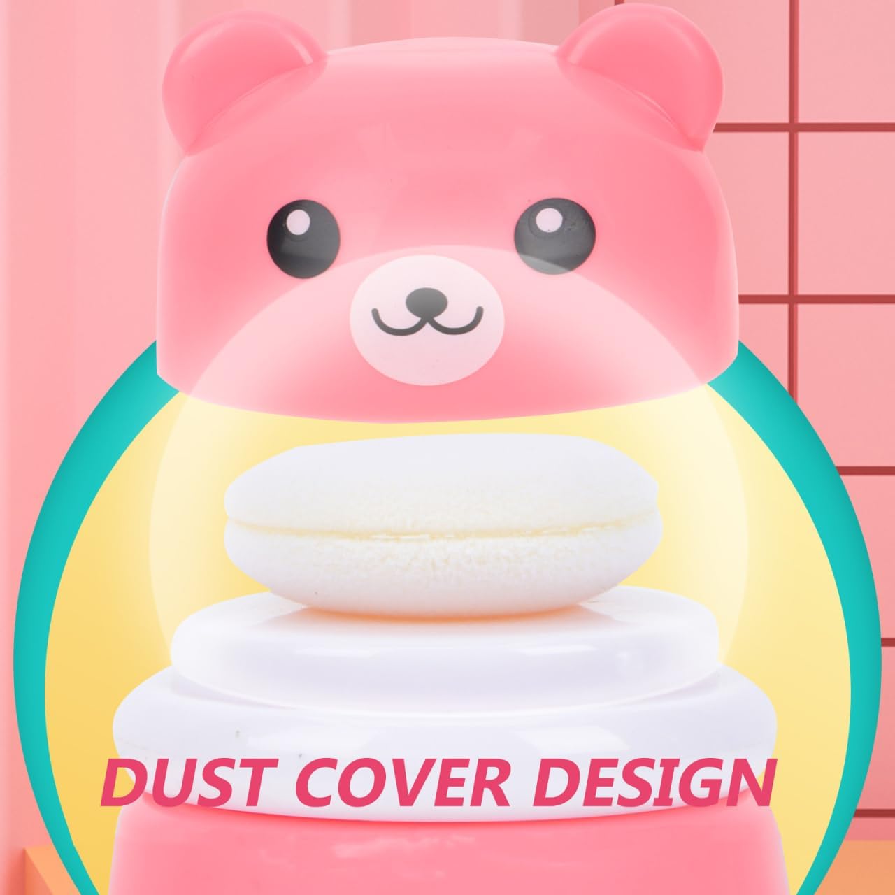FOMIYES Cartoon Bears Baby Powders Puff Box, Pink Large-Capacity Powder Container with Sponge Puff, Safe and Gentle Design for Baby'S Skin, Portable for Home and Travel Use