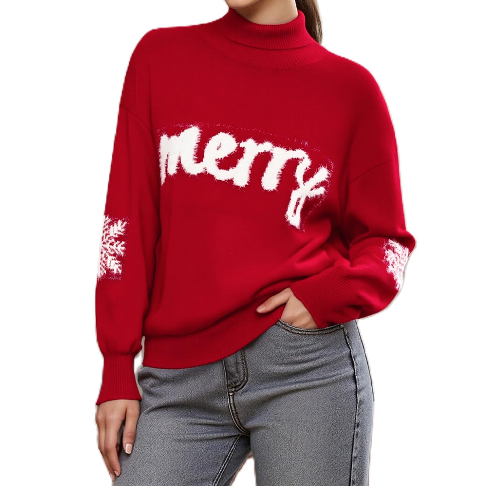 Muineobuka Women Merry Sweaters Turtleneck Long Sleeve Letter Embroidery Loose Knitted Pullover Merry Christmas Sweater