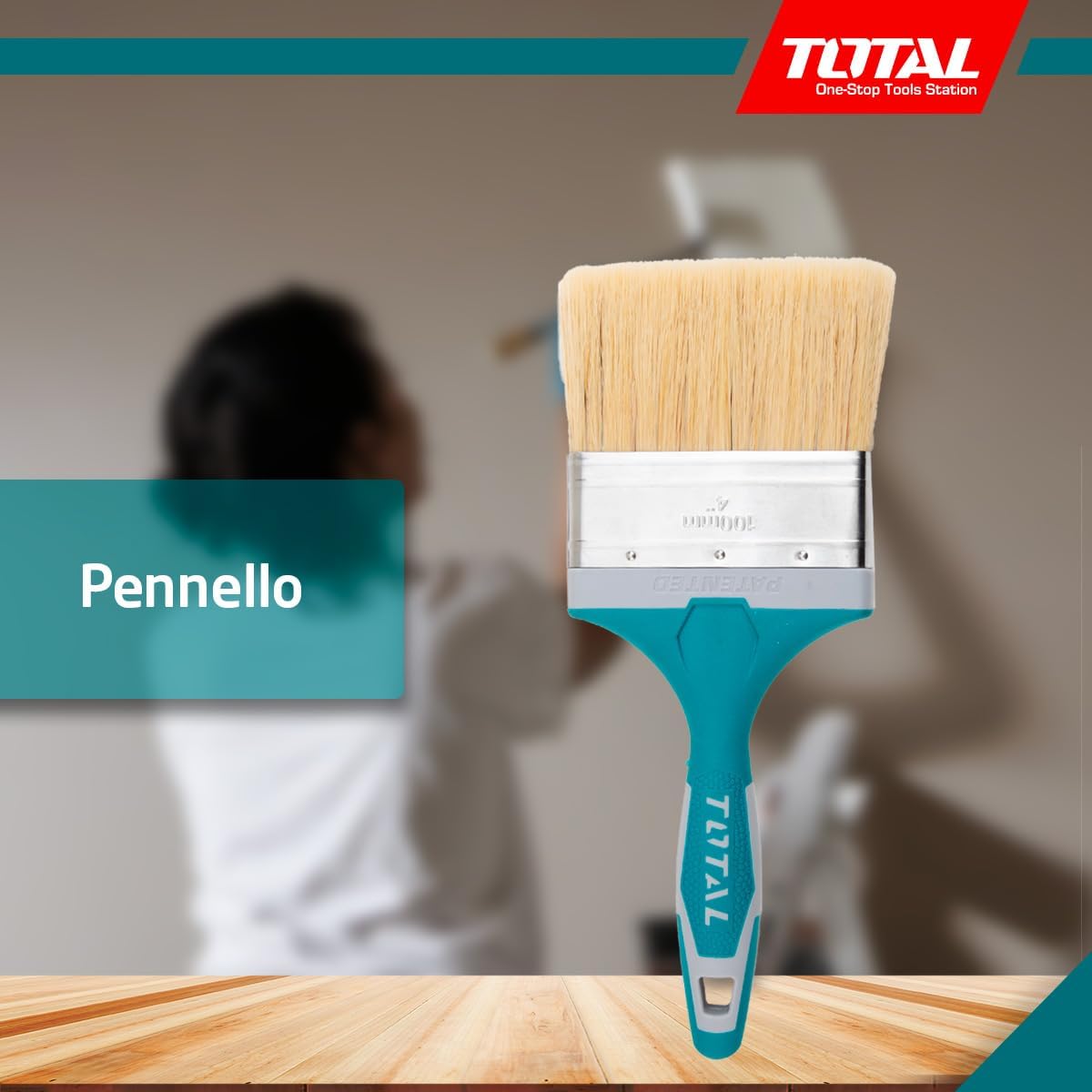 TOTAL - 100mm Flat Silk Brush | Oil Based Paint | Plastic Handle | 70mm Bristle Length | 22mm Thickness | Blue
