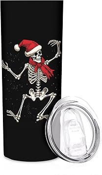 Christmas Snow Skull 20 oz Insulated Skinny Tumbler with Lid and Straw, Dancing Skeleton Straight Tumblers Travel Coffee Cup for Men Women