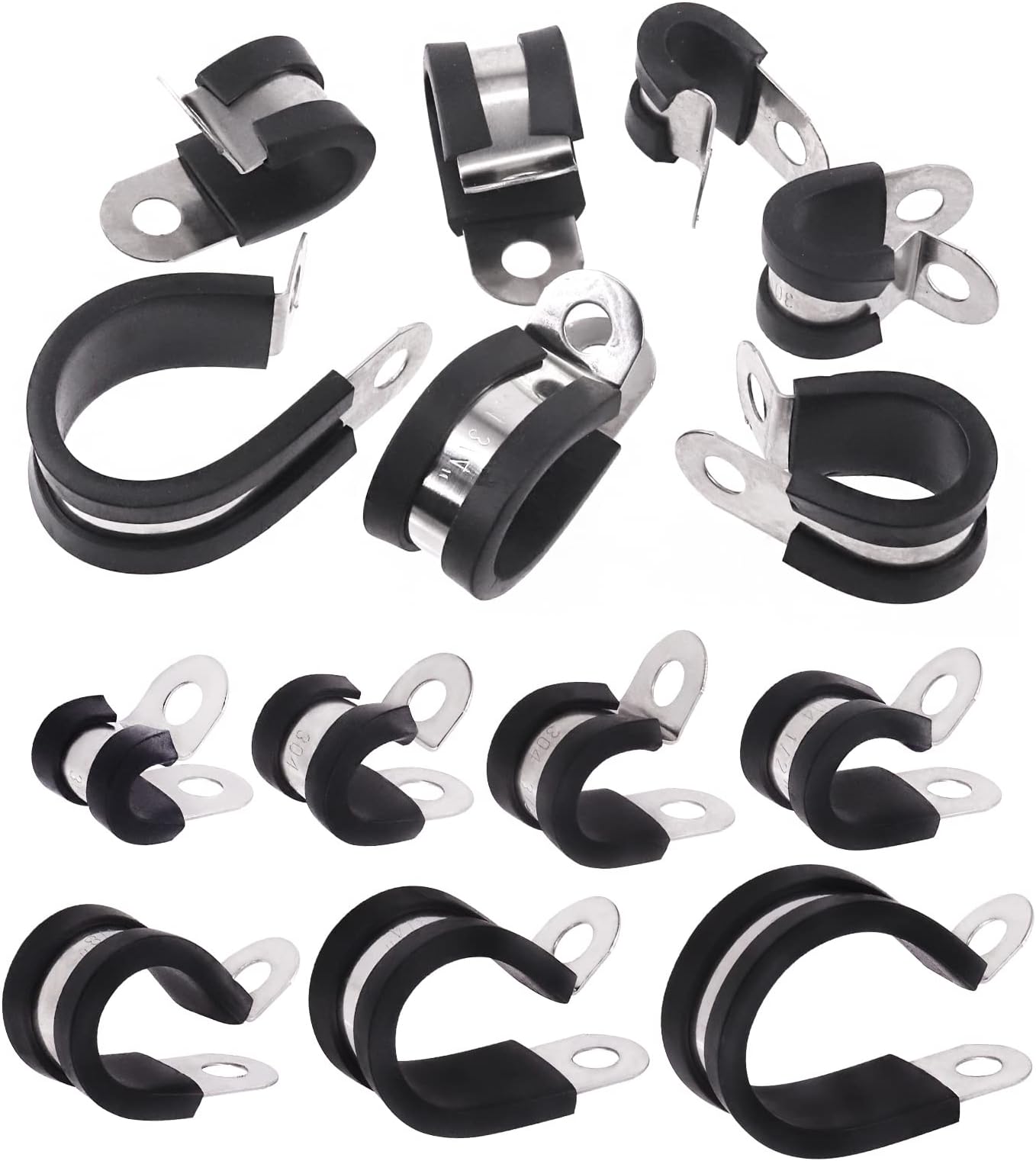 Keadic 26Pcs 5/8” Wire Cable Clamps with Storage Box, 304 Stainless Steel Rubber Cushioned Insulated Metal P Clamp Hose Fuel Line Loop Clamps for Tube Pipe Installation