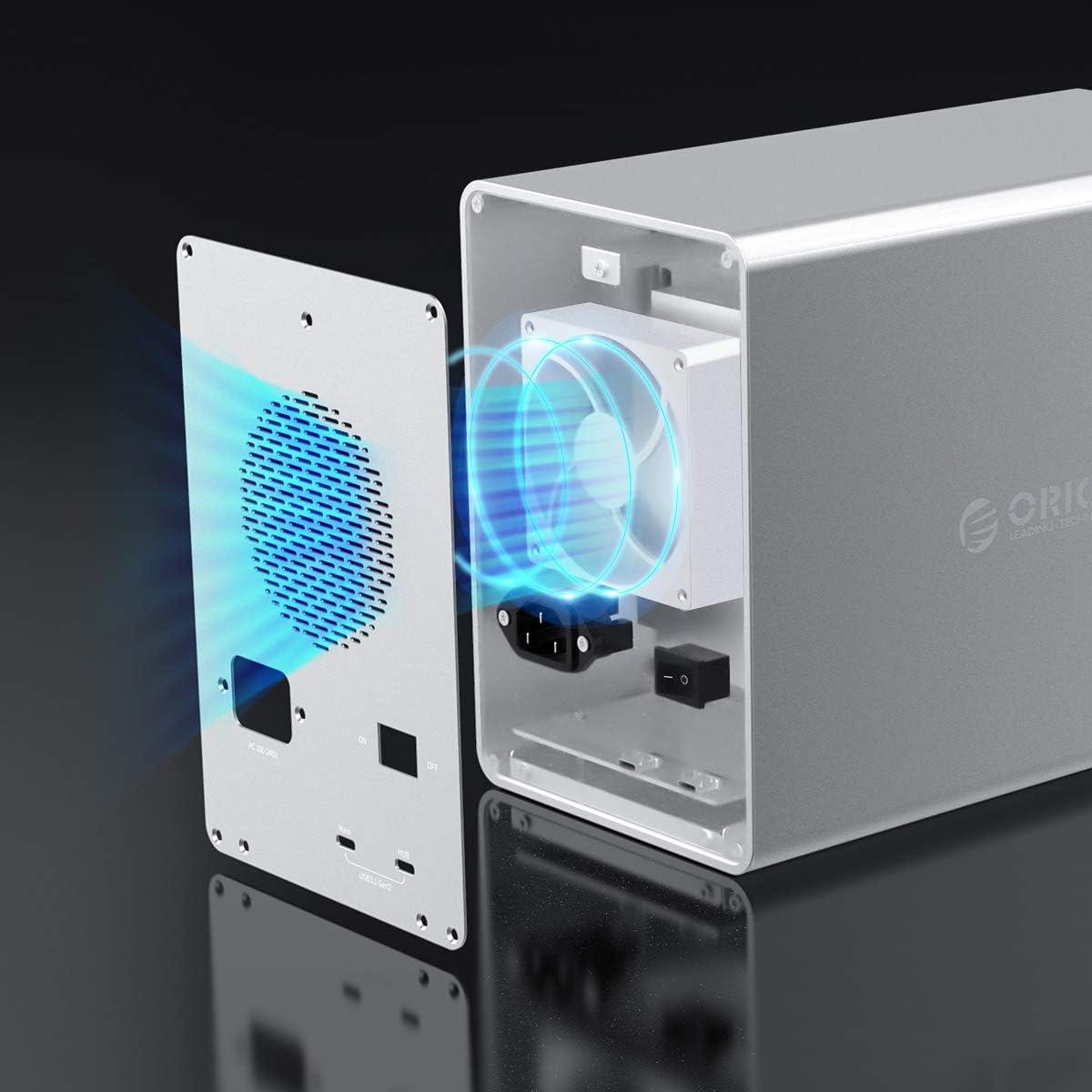 Diagram showing the internal cooling fan and airflow within the ORICO HDD enclosure.