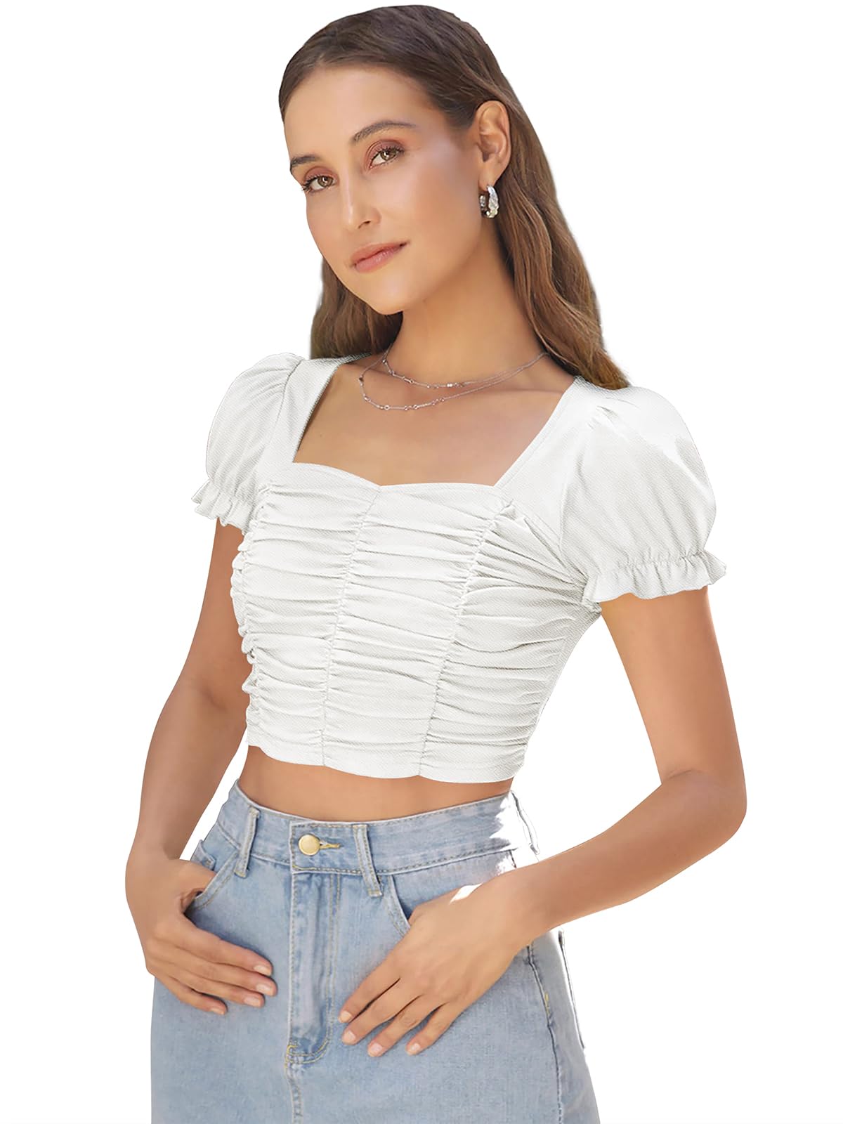 Solid Short Puff Sleeve Crop Top for Women | Women's Slim FIT Crop TOP | Tops for Women (T-5071)-image-35