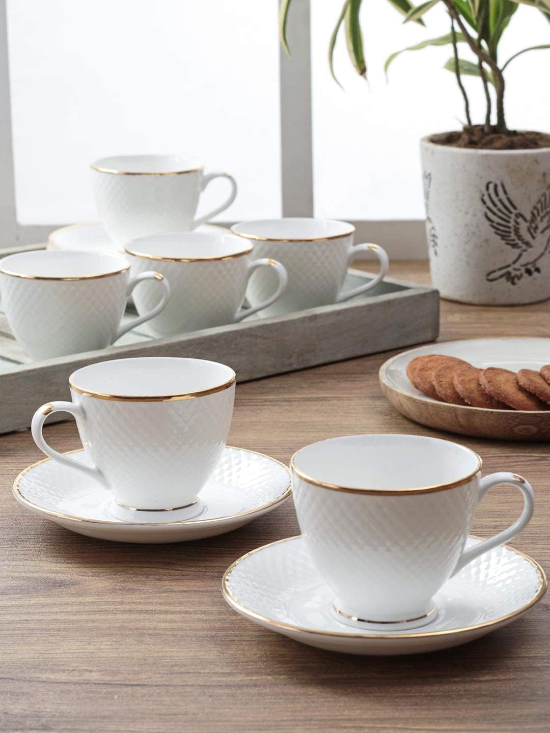 Femora Ceramic Gold Line Diamond Cut White Cup 6 Pcs with Saucer Set of 6 Pcs Tea/Coffee Cups 200 ml |Microwave & Dishwasher Safe Crockery Set Ideal for Daily Use & Gifting, White