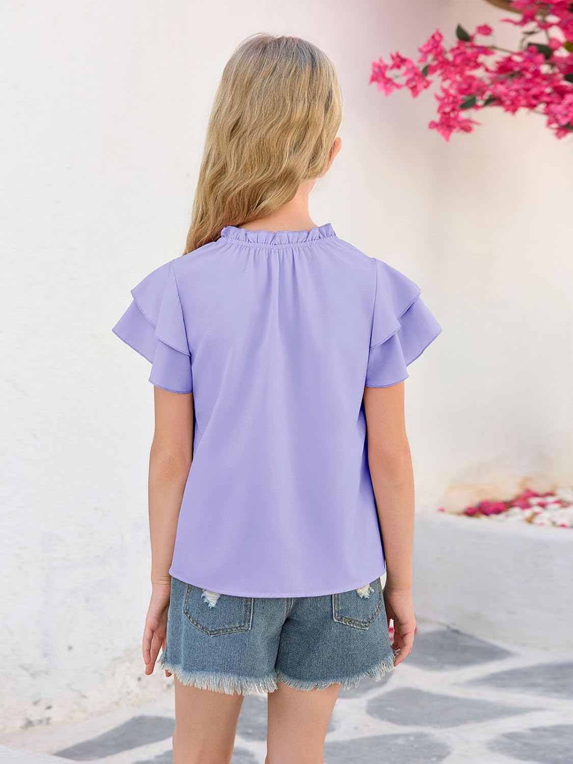 Haloumoning Girls Ruffle Short Sleeve T Shirts Casual V Neck Chiffon Blouse Cute Summer Tops 5-14Y - Image 6