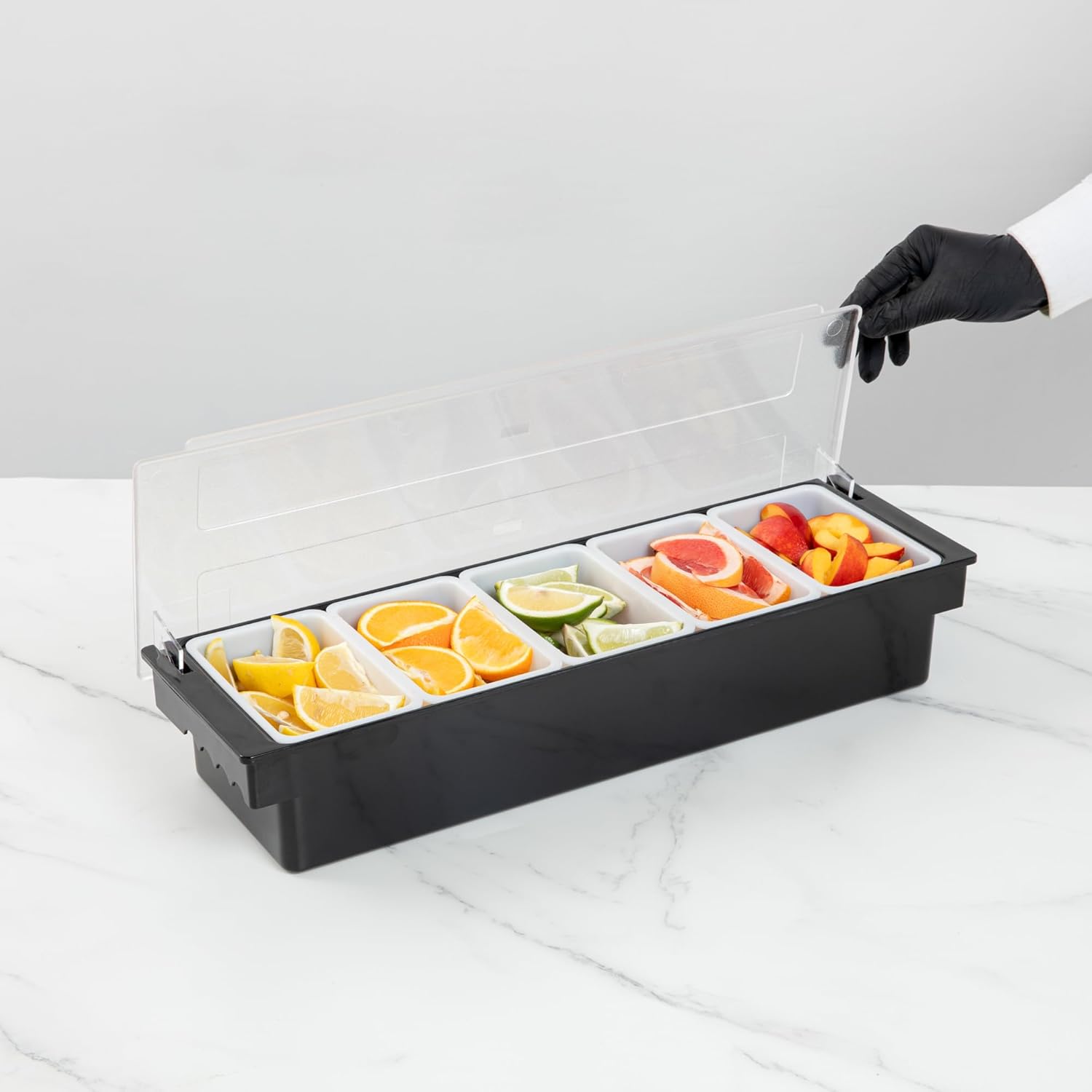 Restaurantware Bar Lux 19.6 x 6.3 x 3.7 Inch Condiment Caddy 1 Durable Bar Caddy - 5 Removable Compartments Built-In Lid Black Plastic Condiment Holder For Restaurant Store Cocktail Garnish