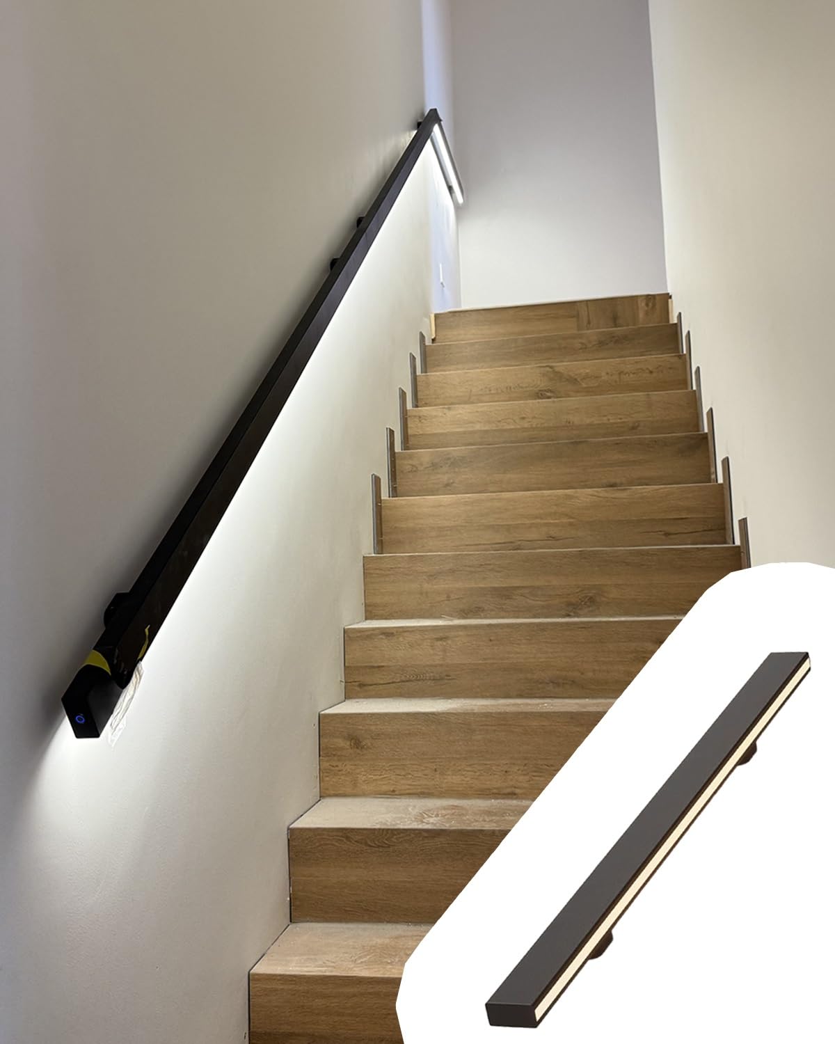 Enhen Left Motion Sensor Led Light Staircase Handrail For Safe Night Use, Matte Aluminum Stair Corridors Hallways Bannister Kit, 3 4 5 6 10 12 14 20Ft(,18Ft/550Cm)