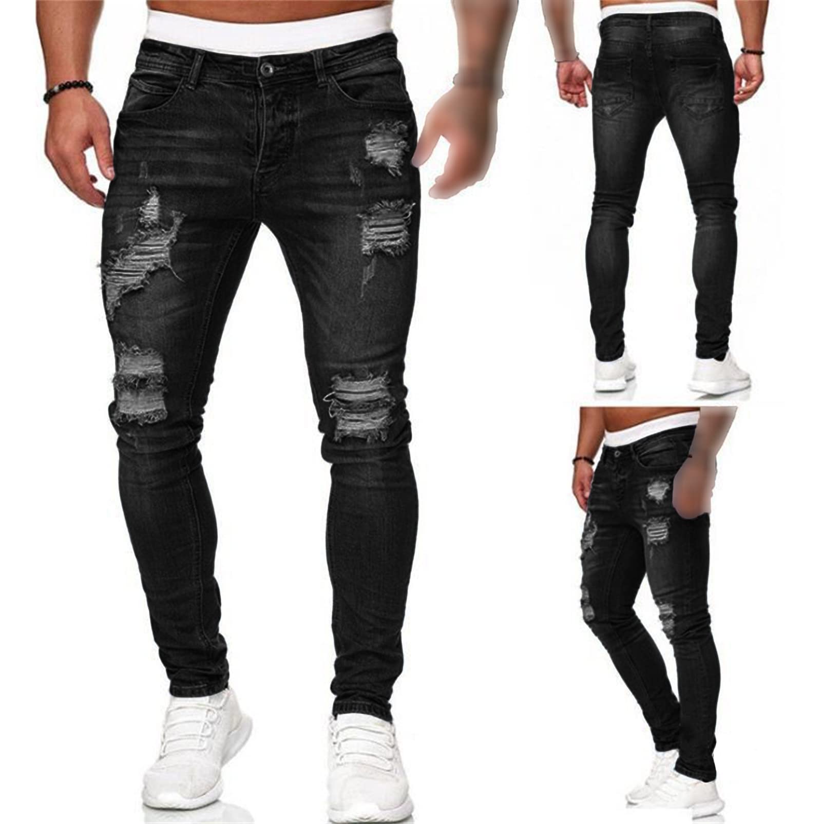 Maiyifu-GJ Men's Straight Slim Fit Ripped Jeans Skinny Distressed Destroyed Denim Pants Lightweight Tapered Leg Biker Jean (Black,Medium)