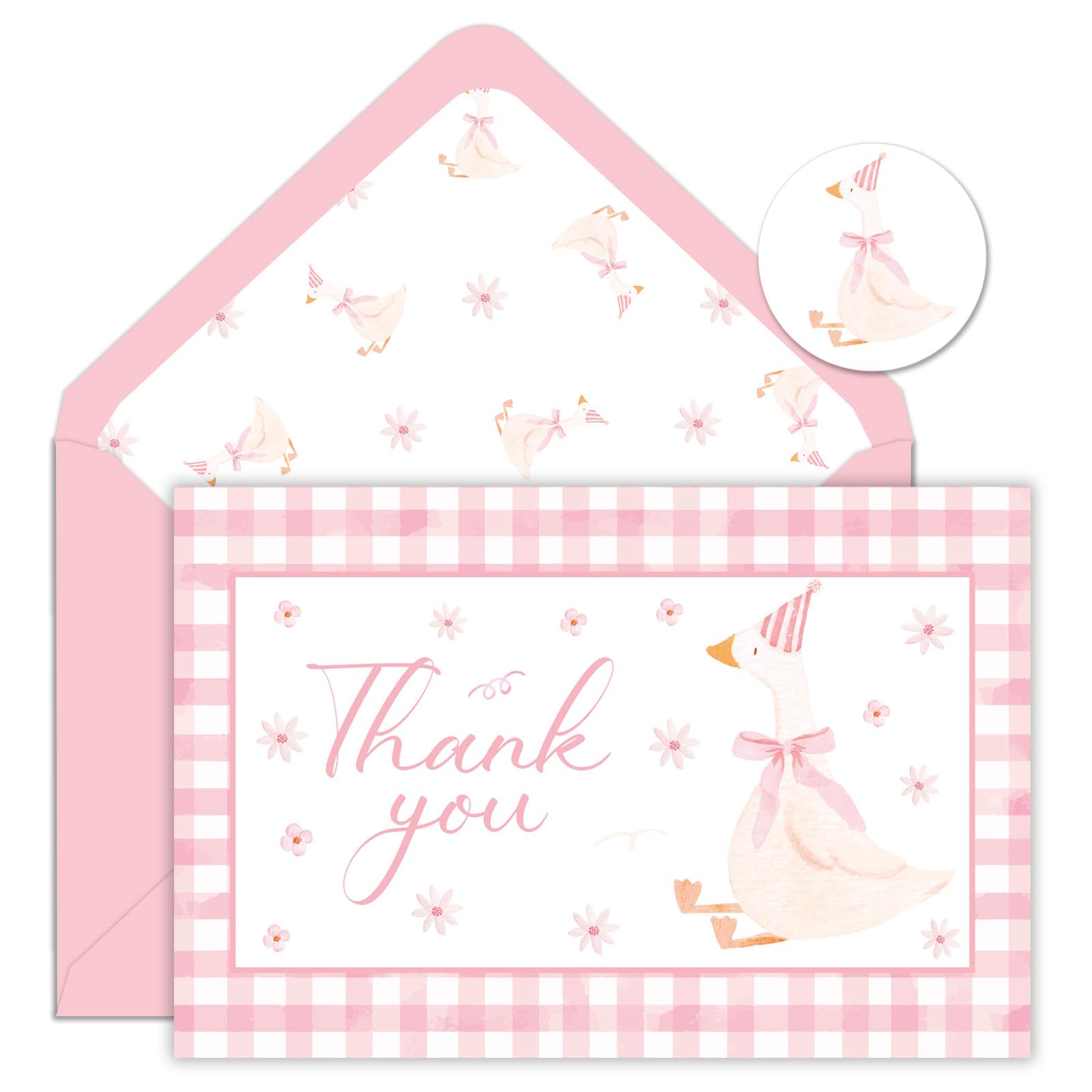 FYSUIMU 24 Pack One Silly Goose Thank You Cards Pink Plaid Goose Greeting Cards with Envelopes Stickers Cute Blank Note Card for Wedding Birthday Baby