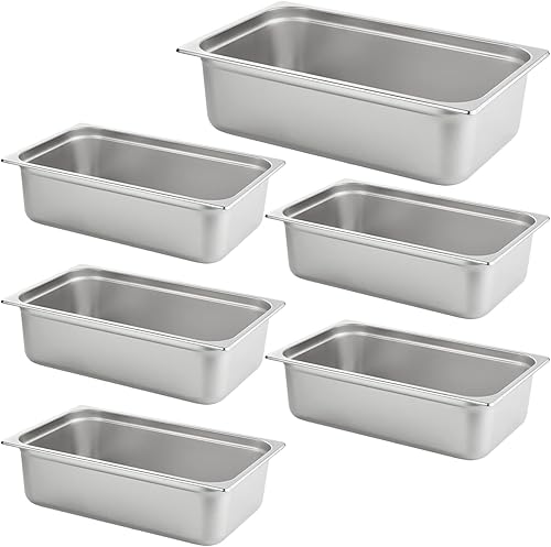 HECMAC Paquete de 6 sartenes de hotel antiatascos, tamaño completo de 6 pulgadas de profundidad, sartén comercial de acero inoxidable para mesa de
