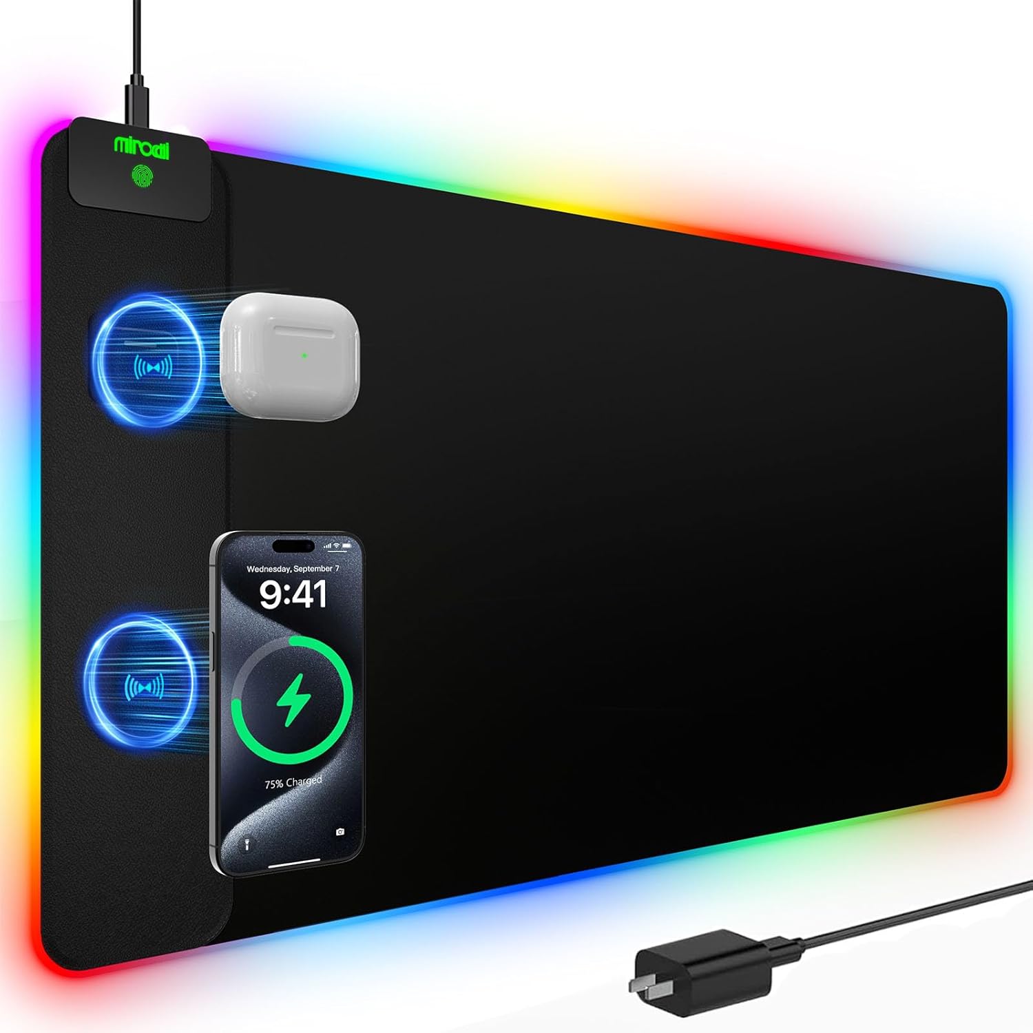 RGB Desk Mat with 15W Fast Charging, Mouse Pad Wireless Charging Large Gaming Mousepad for Desk Pad Waterproof Non-Slip