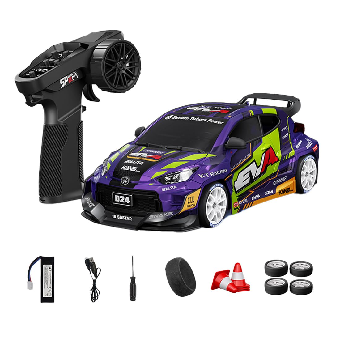 NULA 1:24 RC Drift Car, D24 RTR Full Proportional 4WD High Speed Remote Control Car with Gyro, Dual Drift Racing Tires, LED Light Effects for Adults- (S1 Purple Finish / D24-03)