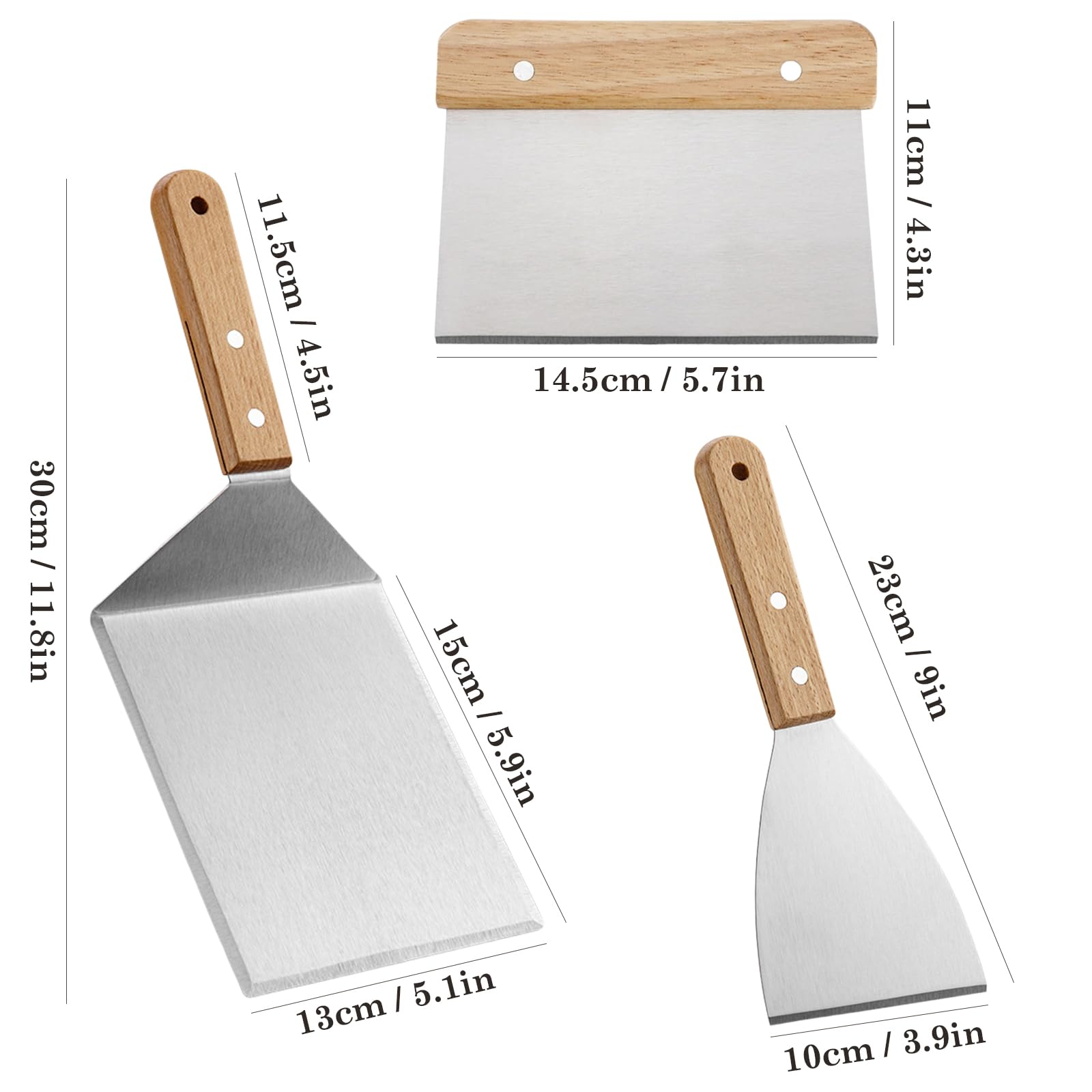 Set di Spatole per Griglia, Spatola Plancha, Raschietto per Impasto, Barbecue Spatola Accessori Ideale per Teppanyaki Campeggio, 3 pezzi