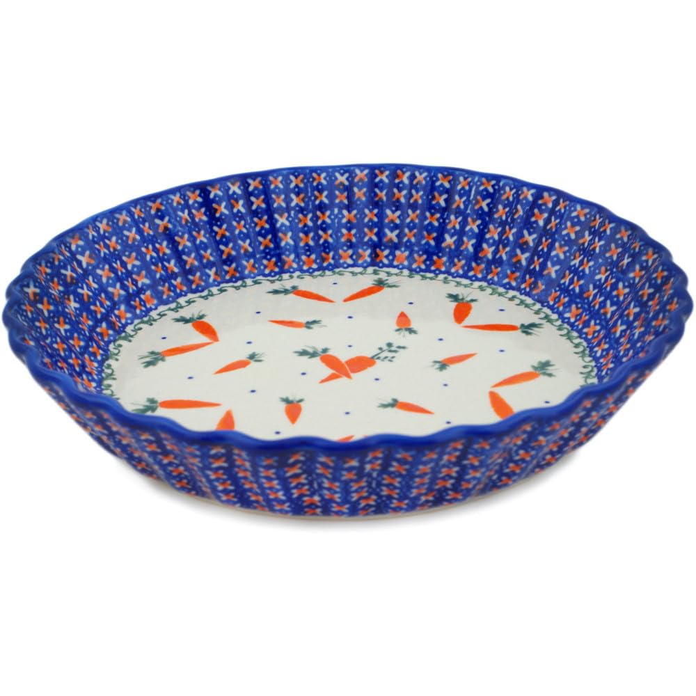 Ceramika Bona Authentic Polish Pottery Fluted Pie Dish in Carrot Delight Design Handmade in Boles?awiec Poland Certificate of Authenticity