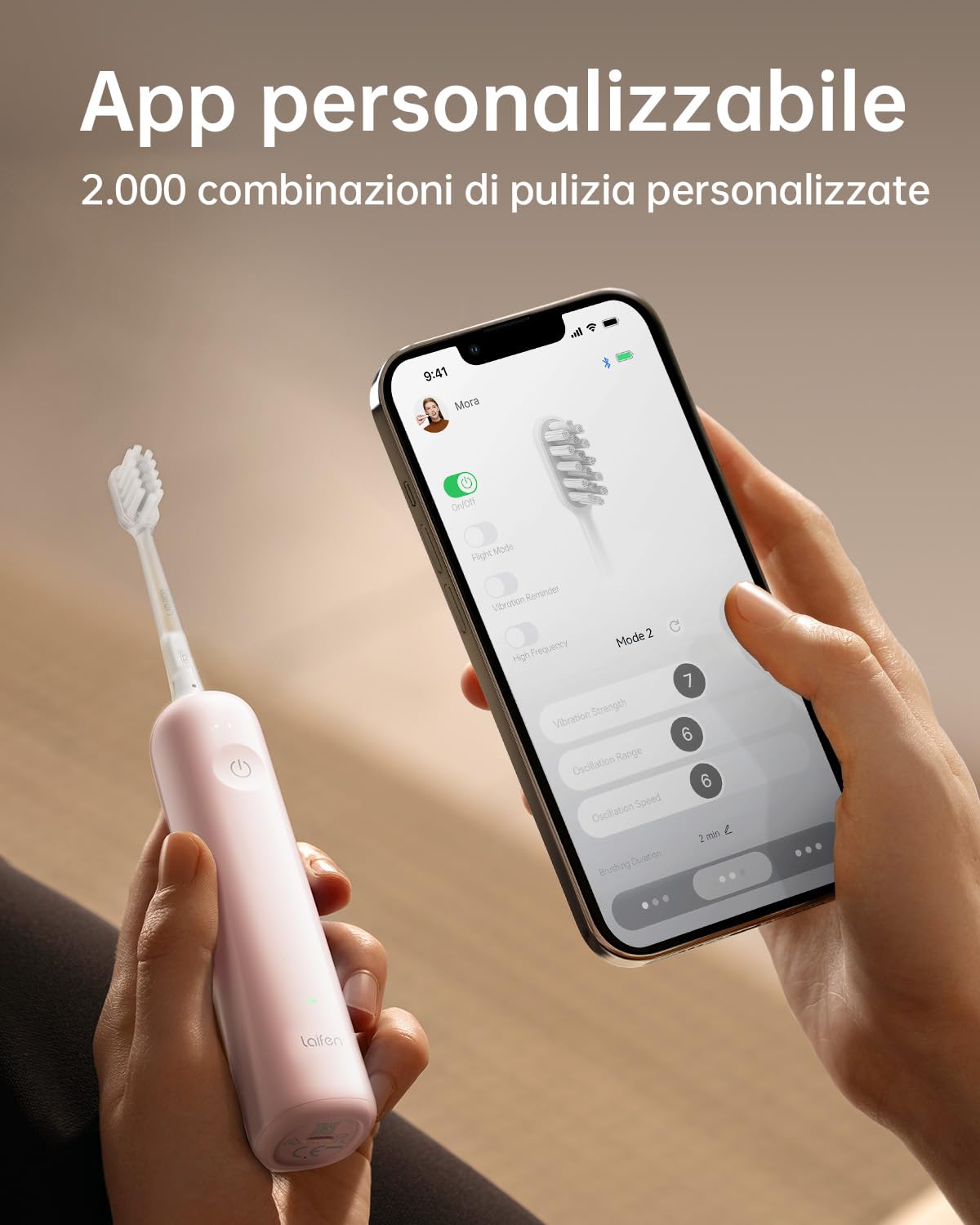 Laifen Wave Spazzolino elettrico, spazzolino elettrico sonico oscillante con 3 testine, spazzolino da viaggio magnetico ricaricabile impermeabile IPX7 (ABS Rosa)