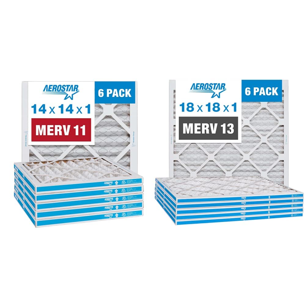 Aerostar 14x14x1 MERV 11 Pleated Air Filter, AC Furnace Air Filter, 6 Pack & 18x18x1 MERV 13 Pleated Air Filter, AC Furnace Air Filter, 6 Pack