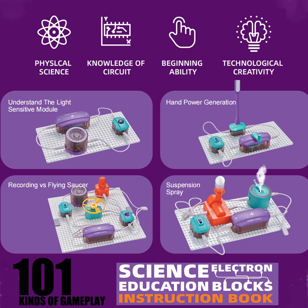 Set di circuiti elettronici con 45 blocchi di circuiti, 101 esperimenti per imparare l'elettricità,kit per l'esplorazione dell'elettronica fai da te, Giocattoli educativi STEM per bambini età 3+
