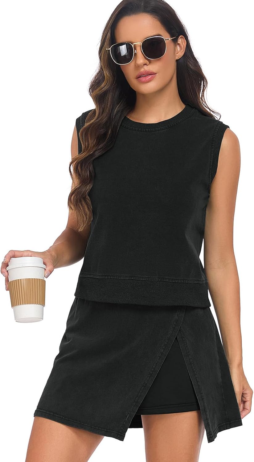 Women's Summer Two Pieces Lounge Set Wash Cotton Sleeveless Tank Top Skort Set Trendy Split Athletic Skirt Shorts Outfits - Image 5