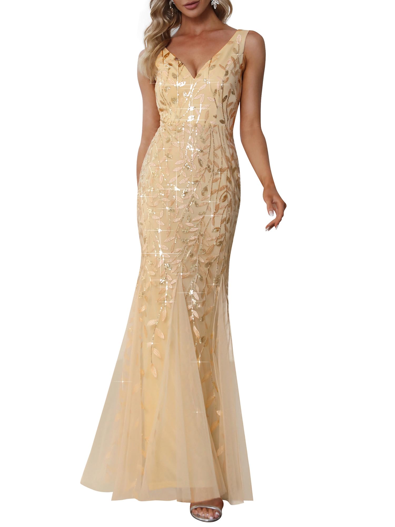 Ever-Pretty Women's Formal Dress Sequin Tulle Double V-Neck Sleeveless Mermaid Long Evening Dress 07886