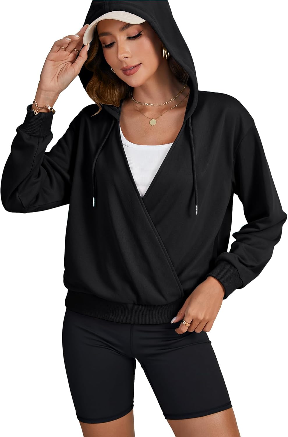 LYANER Women's Wrap V Neck Long Sleeve Pullover Hooded Casual Crop Sweatshirt with Pockets - Image 4