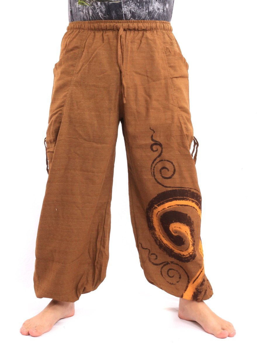 Jing Shop Harem Pants Cotton with Spiral Print - Baggy Pants 2 Pockets Drawstring - Unisex One Size