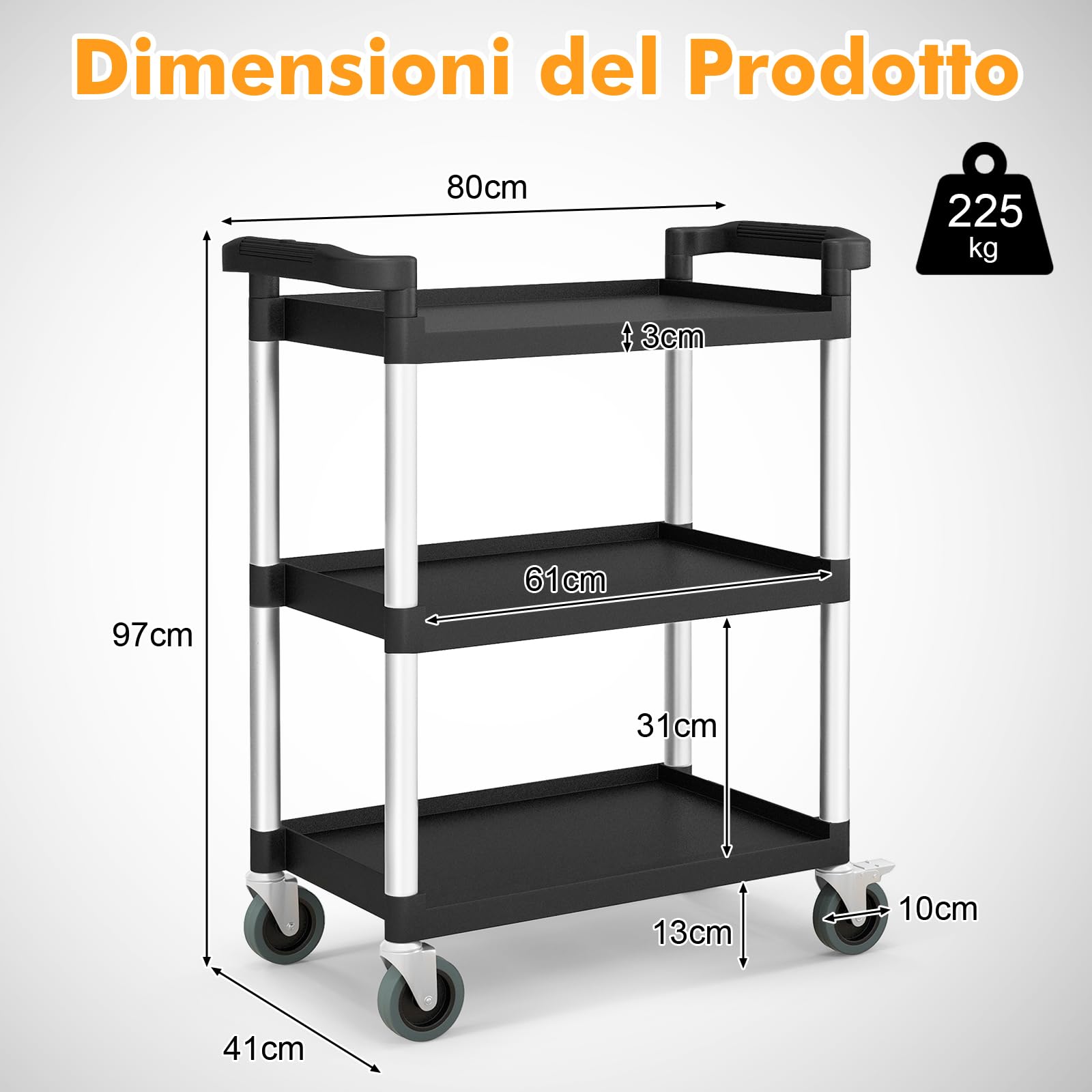 COSTWAY Carrello Portautensili Attrezzi a 3 Livelli, Carrello di Servizio da Officino con Rutoe Bloccabili, Doppie Maniglie e Struttura Robusta in Alluminio, Portata 225kg, per Magazzino e Cucina