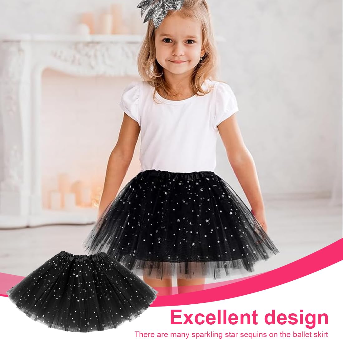NHQZ Gonna Tulle per Bambine, Tutu Skirt per Ragazze 2-8 Anni, Nero, Tulle Poliestere, Vita Elastica, 30 cm, Per Feste e Spettacoli