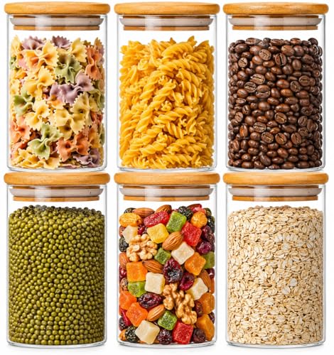 MEELANA Glass Storage Jar with Bamboo Wooden Lid | Airtight Kitchen Container for Tea, Coffee, Sugar, Spices & Snacks | Round & Square Design | (6, Round 1050ml)