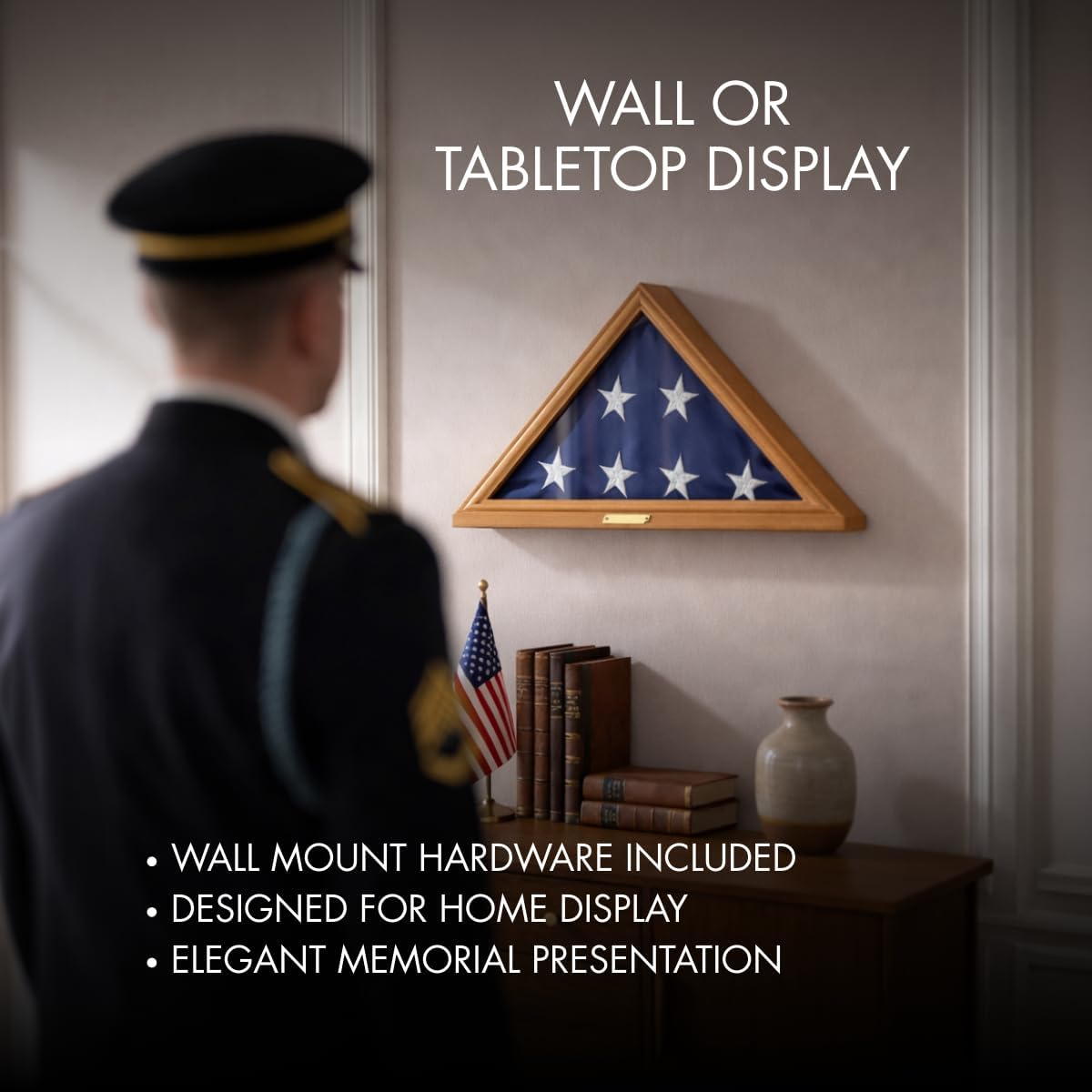 Bey-Berk Custom Personalized Solid Wood Triangle Glass Front Flag Display Case, Holds 3 ft x 5 ft Flag, Not Suitable for Burial or Memorial Flag (Mahogany) (Oak)