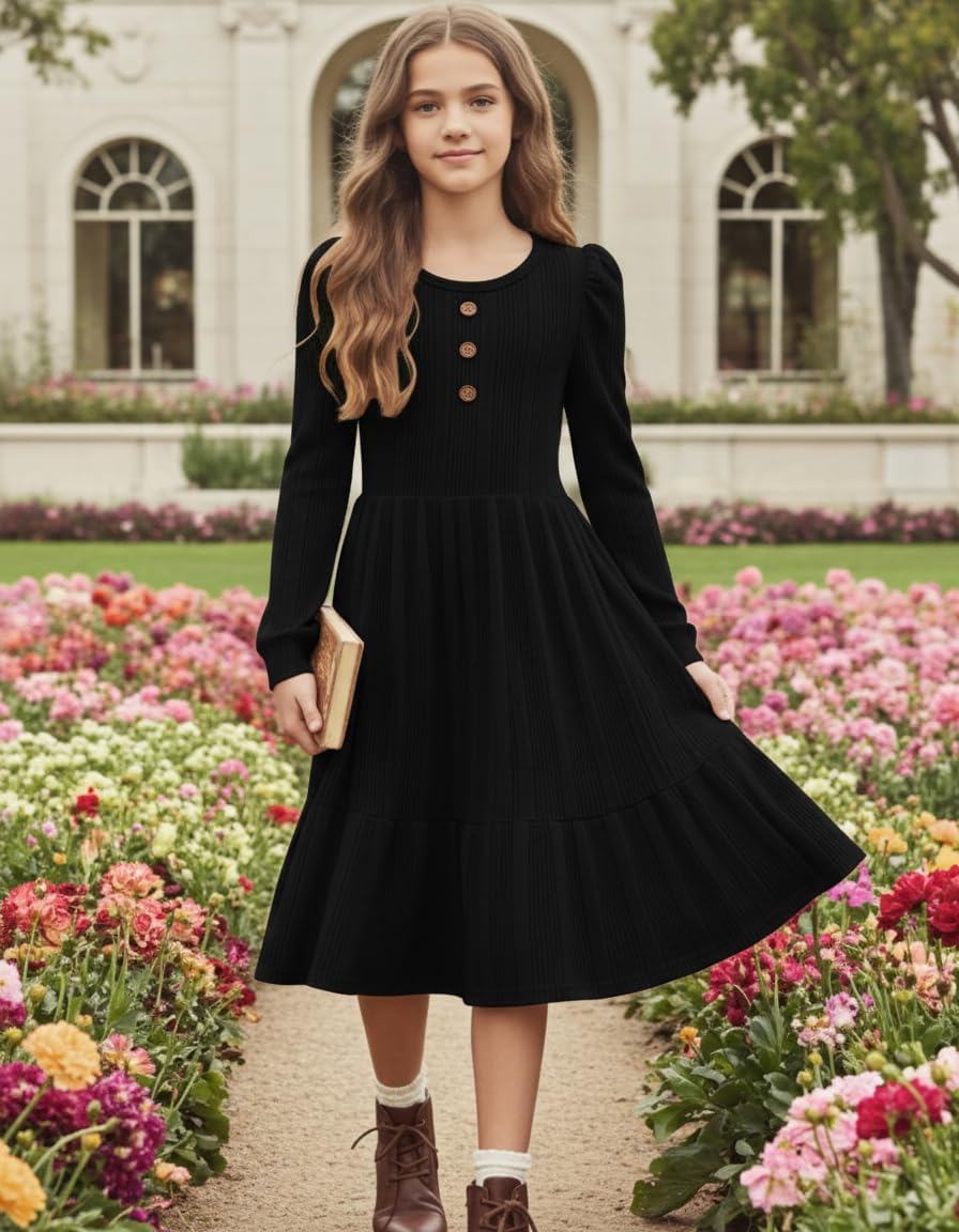 PATPAT Girl's Long Sleeve Sweater Dress Casual Button Front Knit Fall Winter Dresses 5-14 Years - Image 6