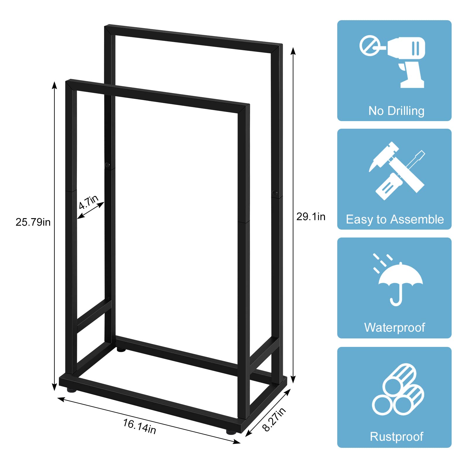 Standing Towel Rack, 2 Tier Stainless Steel Towel Racks Stand for Bathroom, Hand Towel Drying Rack Holder, Towel Bar Stand Blanket Rack, Black