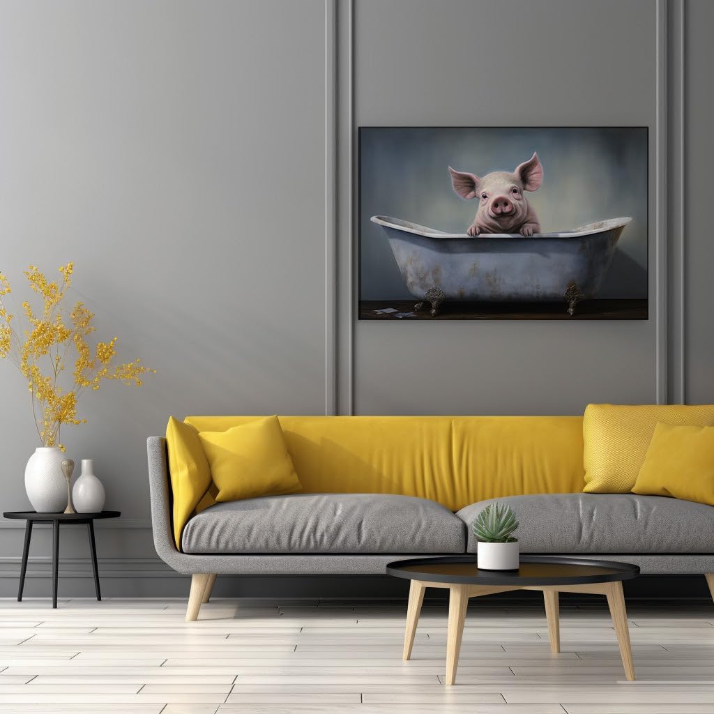 Canvas for Living room. Splashing into Joy: A Pig's Bathtime Bliss in a Vintage Tub, 27 x 18 inch Canvas Wall Art - Contemporary Masterpieces - Retro Home Decor - 69x46 cm (27x18 inch)