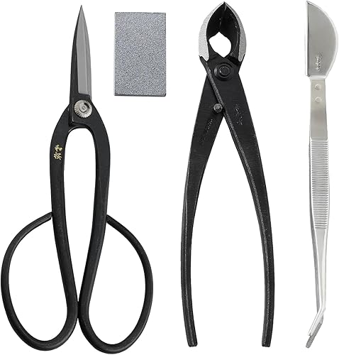 Wazakura Juego de 4 herramientas esenciales para bonsái fabricadas en Japón, tijeras de acero Ashinaga Yasugi + cortador de rama cóncava de 7.874in
