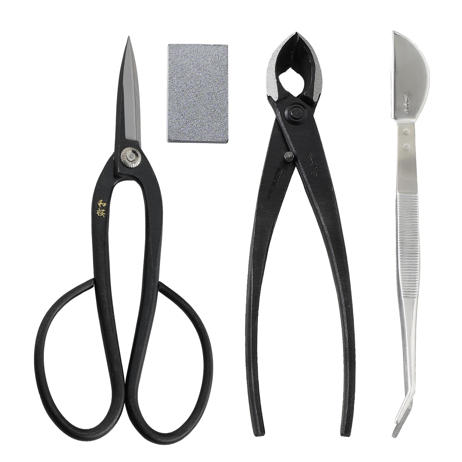 Wazakura 4PCS Bonsai Essential Tool Kit MADE IN JAPAN, Yasugi Steel Ashinaga Scissors + Concave Branch Cutter 8in (200mm) + Stainless Tweezers + Sap