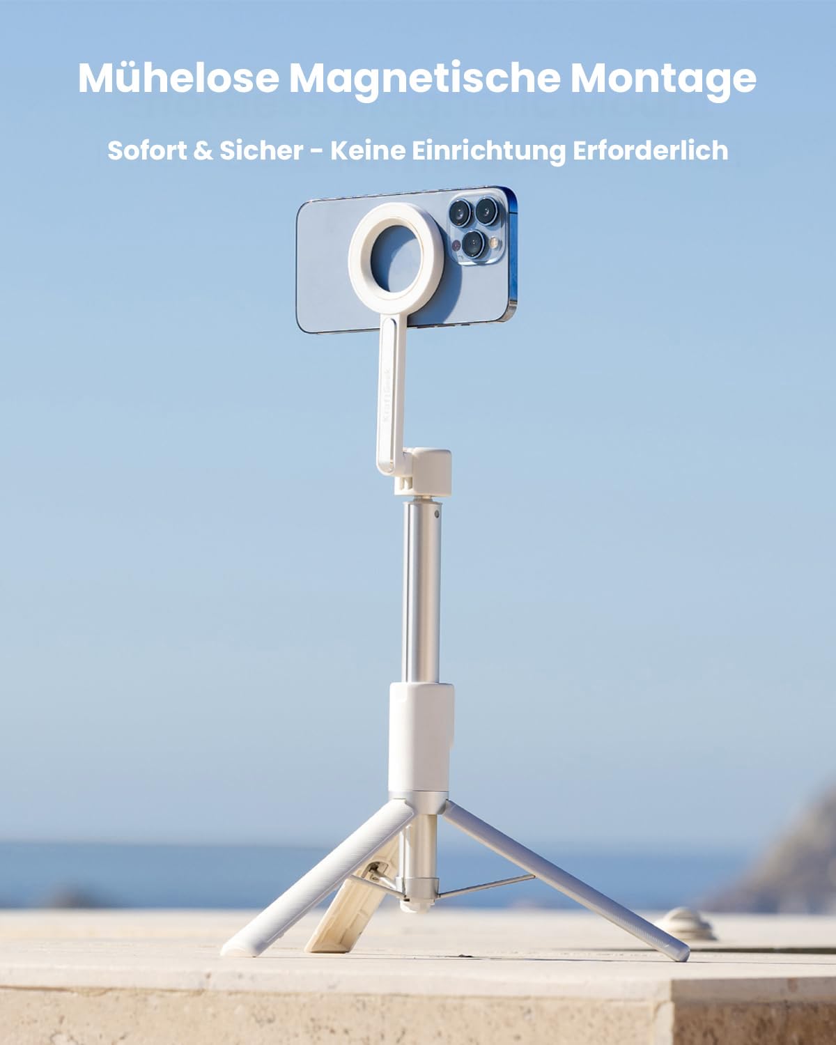 KraftGeek 163cm Magnetisches Handy Stativ, Tragbarer Selfie Stick mit Abnehmbarer Fernbedienung für iPhone, Ausziehbares Tripod Stativ für Smartphone Kompatibel mit Samsung/Android, Weiß