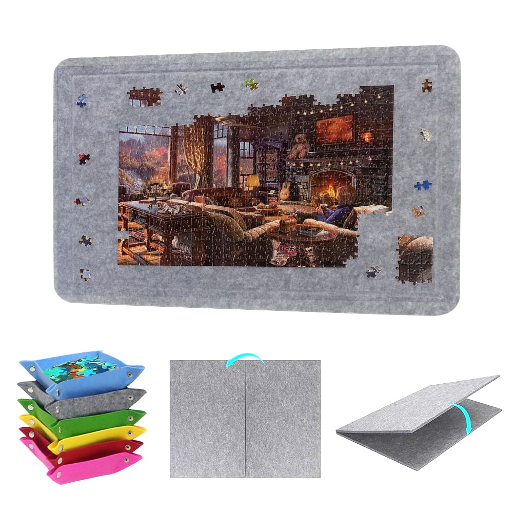 KQWVZ Jigsaw Puzzle Board, 40x60cm Felt Jigsaw Board for 500 Pieces, Foldable Non-Slip Felt Puzzle Board with 6 Storing Trays for Easy Move and Store, Adult and Children (Light gray)