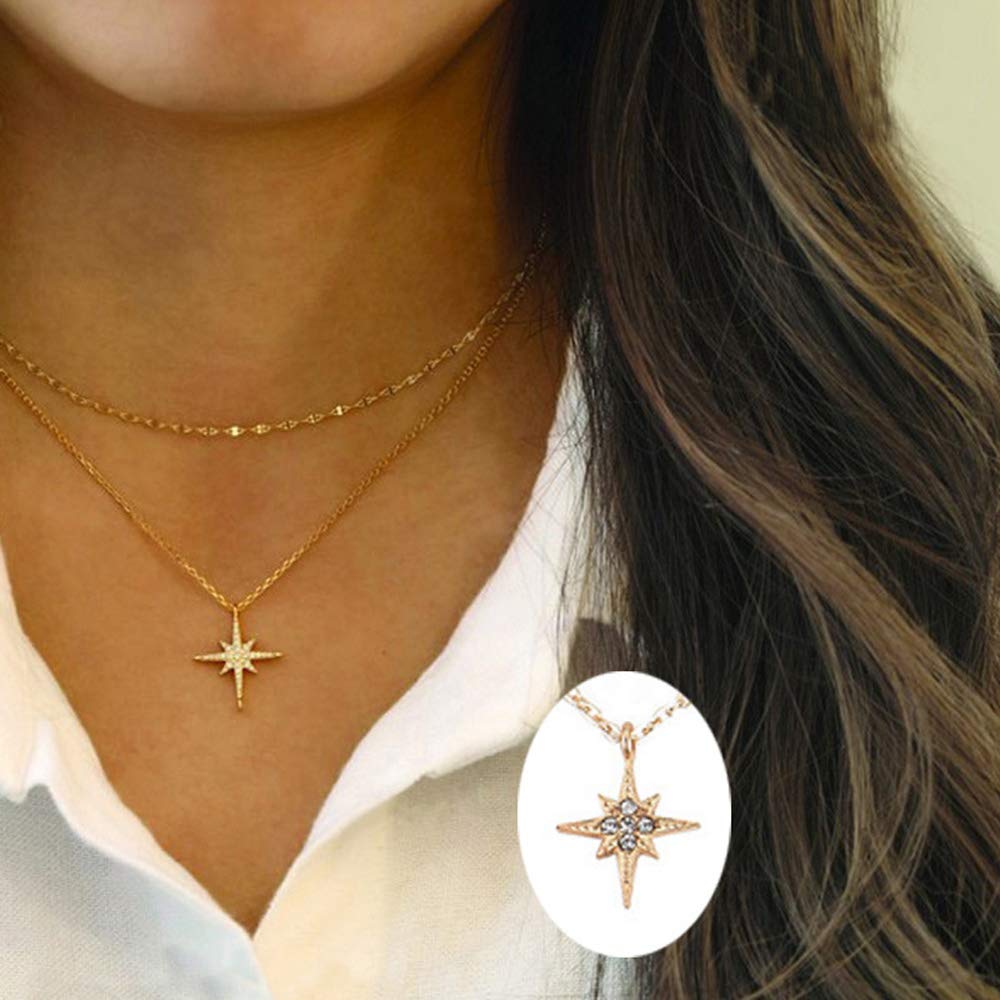 TseenYi Collar bohemio en capas con colgante de estrella con diamantes de imitación, gargantilla de moda, cadena de clavícula, joyería bohemia multicapa para mujeres y niñas