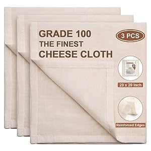 eFond Cheesecloth, Precut 20x20Inch, Grade 100 Hemmed Cheese Cloths for Cooking Reusable and Washable, 100% Unbleached Pure Cotton Muslin Cloths for Straining Butter, Cheese, Nut Milk (3 Pieces)