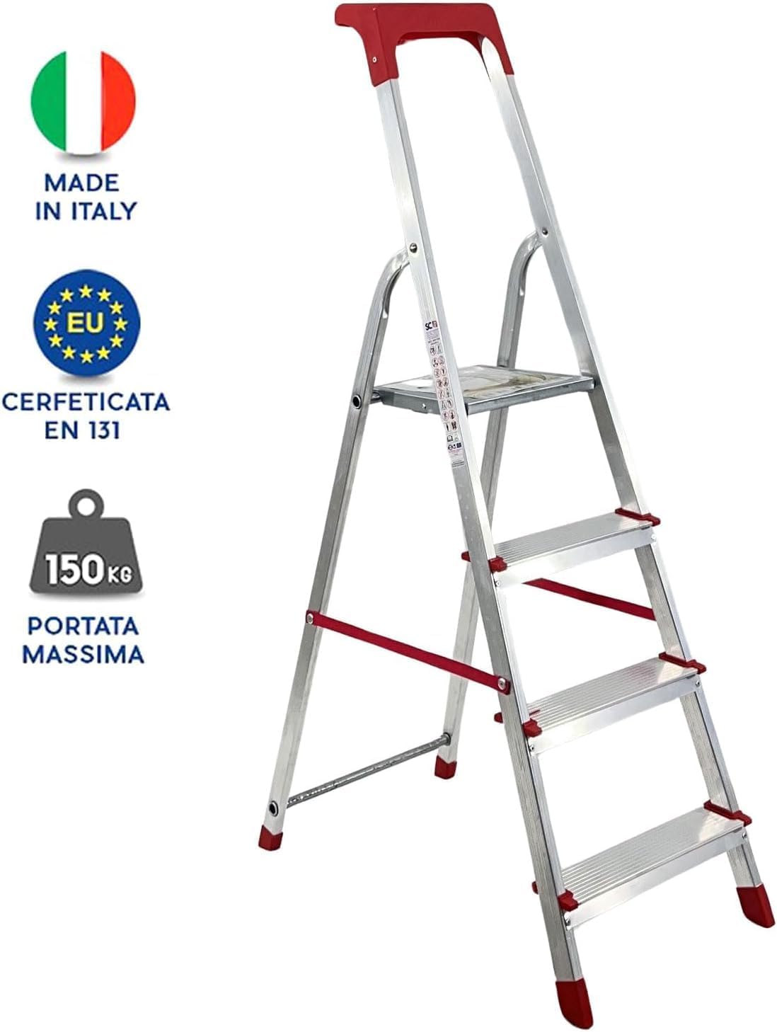 Scala Domestica in Alluminio Martina 3 Gradini con Piattaforma, Pieghevole e Leggera, Vaschetta Portaoggetti, Portata 150 kg, Certificazione EN131, Made in Italy