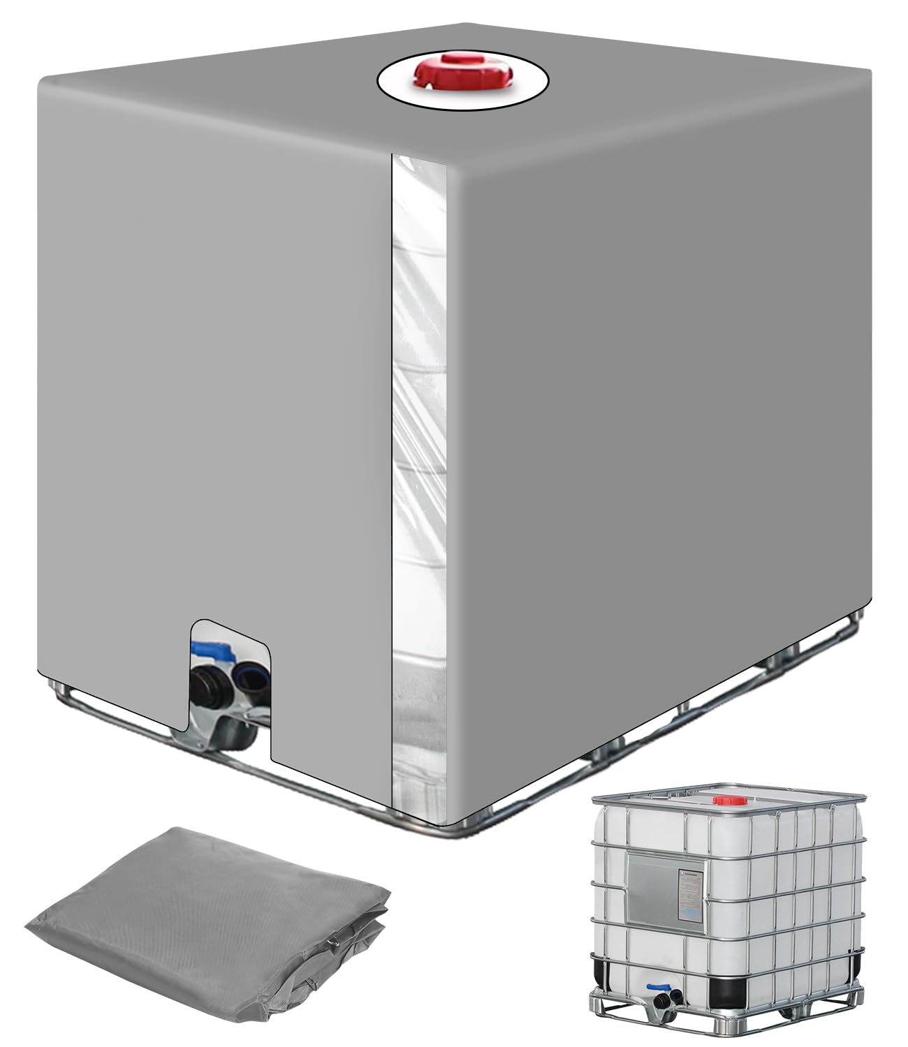 IBC osłona zbiornika Pokrowiec na zbiornik IBC 1000L, plandeka na zbiornik wody z przezroczystą folią, akcesoria do kontenerów IBC, plandeka ochronna anty-UV na zbiornik wody deszczowej,Szary
