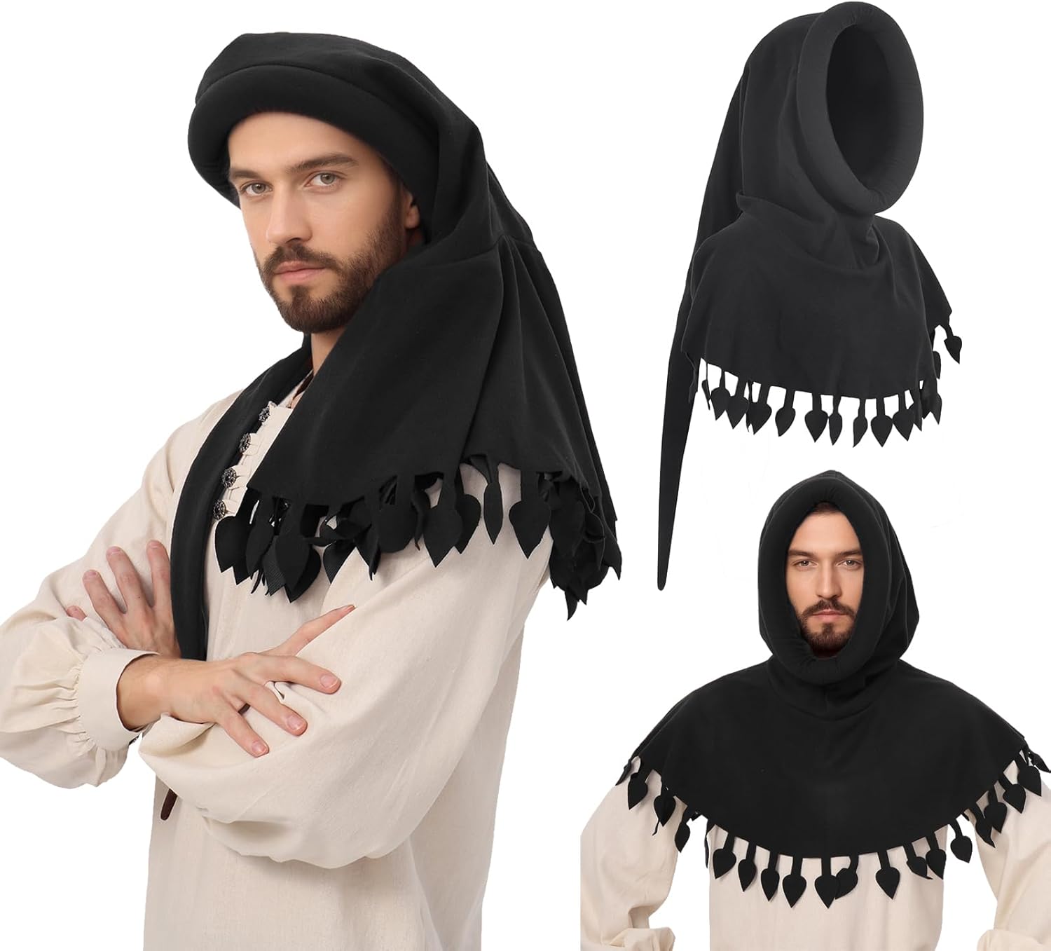 Mens Chaperon Hat Liripipe Hood Medieval Cap with Rolled Brim Renaissance Ren Faire Festival LARP Accessories