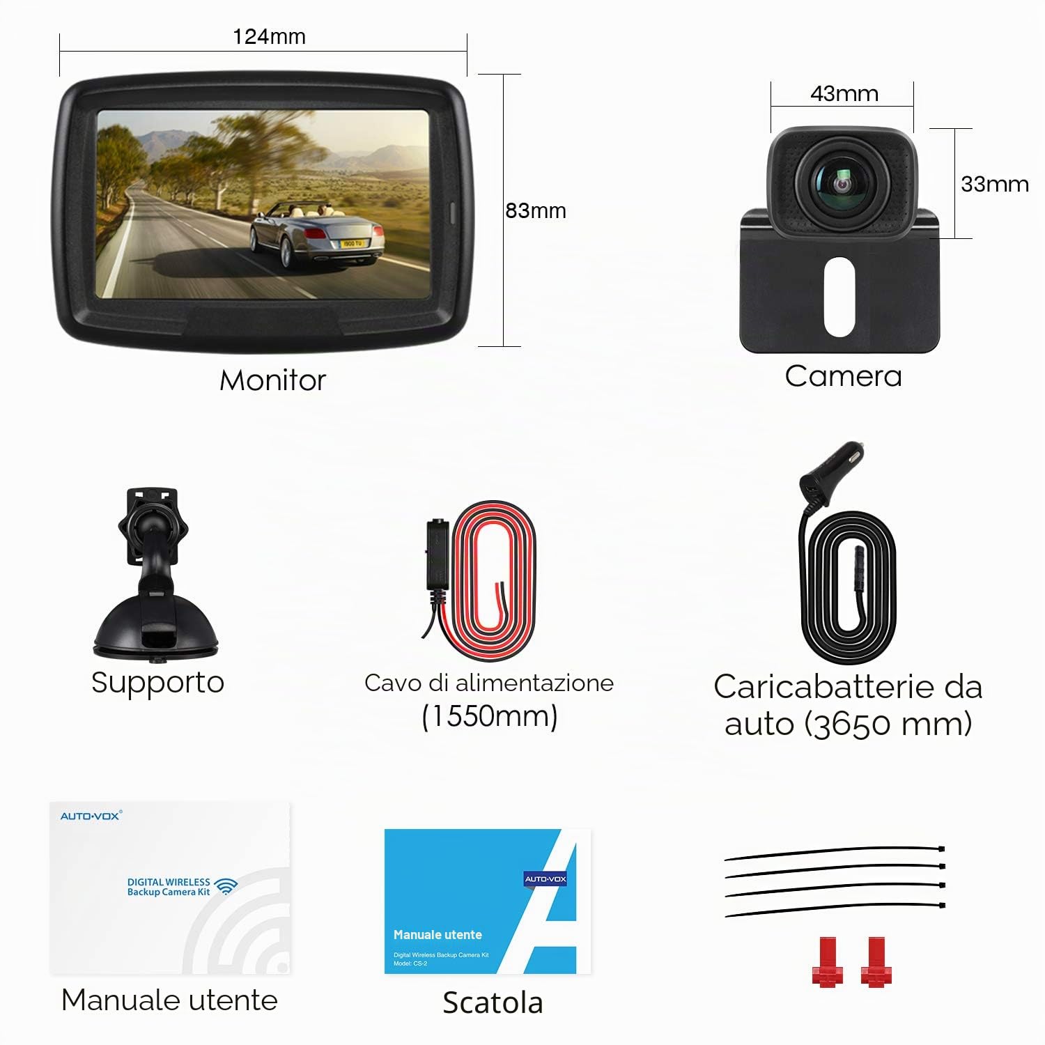 Auto-Vox Cs-2 Telecamera Retromarcia Wireless Con Monitor Per Auto 4,3", Segnale Digitale Stabile, Telecamera Retromarcia Impermeabile Per Auto Con Visione Notturna Chiara Per Camion/Suv/Furgoni